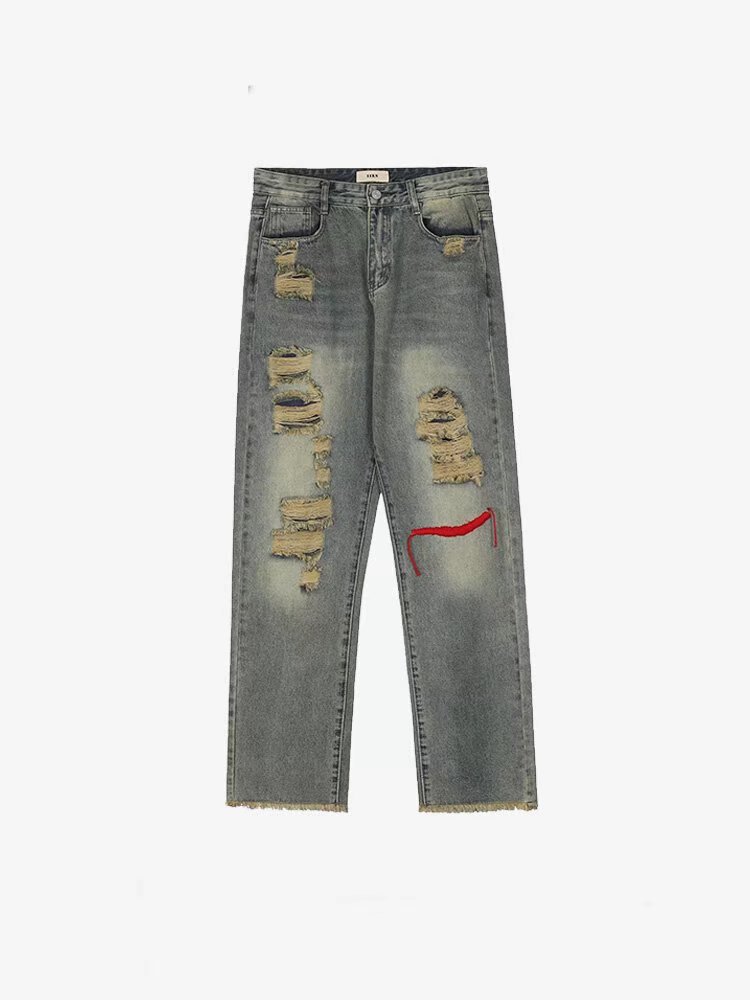 High Washed Vintage American Street Style Distressed Jeans Straight Trendy Unisex_viptrois.com