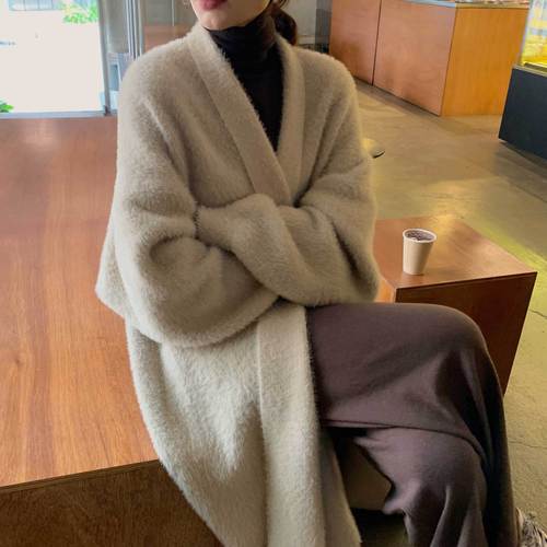 New autumn and winter imitation mink velvet knitted sweater cardigan women's long over-the-knee lazy coat loose thickened sweater coat