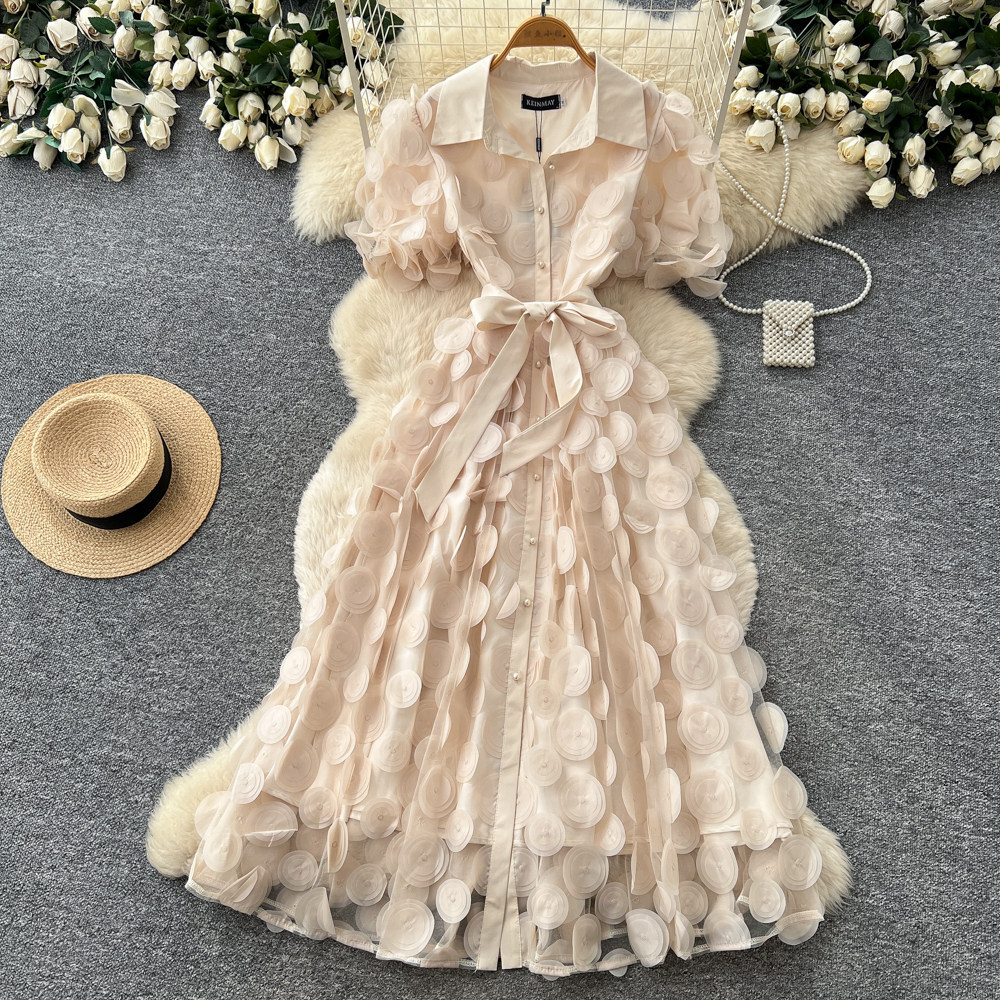 Elegant French Style Lace Dress for Women Summer Short Sleeve A-Line Skirt Tie Waist Sophisticated Lapel_ecoleips.com