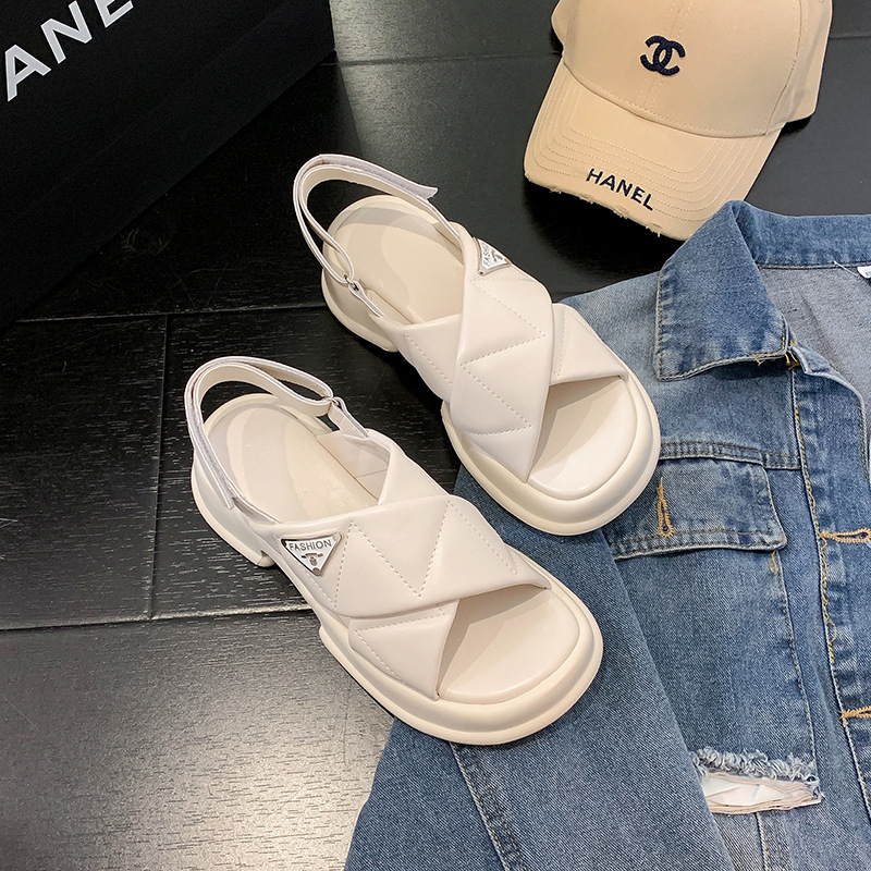 Thick-soled Sandals For Women,Fashionable Outerwear For Summer,Ladies'Genuine Leather,Versatile Cross-strap Flat-soled Sports Roman Shoes