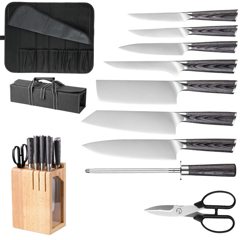 Amazon Stainless Steel Knife Color Wooden Handle Kitchen Knife Combination Household Chef Knife Ten-Piece Knife Gift Ready Stock