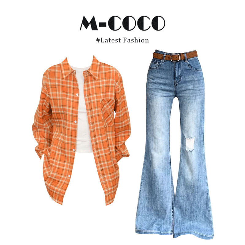 Ins Cec Early Autumn New American Retro Work Clothing Orange Plaid Long-Sleeved Shirt Ripped Jeans Suit
