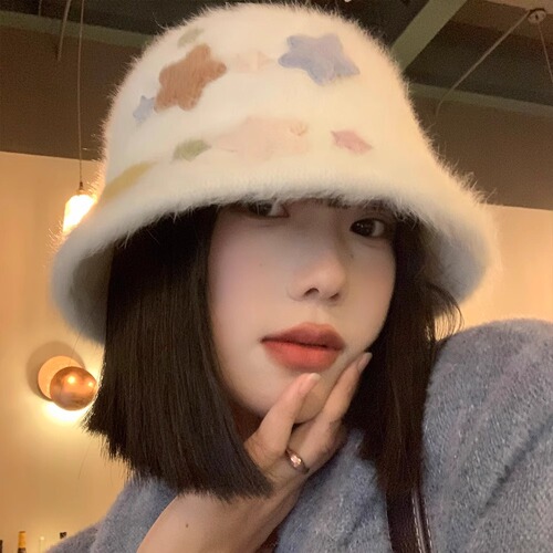 Japanese-style cute star plush fisherman hat for women, autumn and winter, face-slimming, ear-protecting, warm, bucket hat, Korean version, white hat