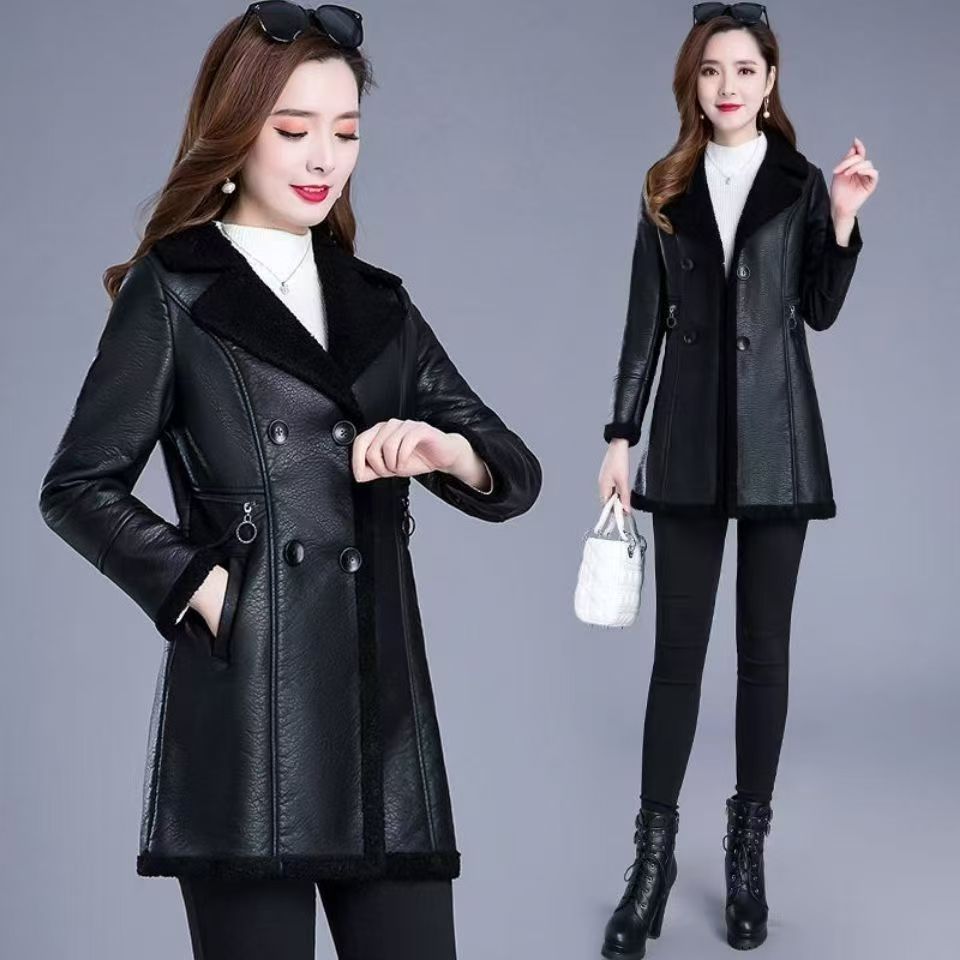 Women's Mid-Length Leather Jacket, New Autumn and Winter Style, Fleece-Lined, Thickened, Waist-Cinching, Fur Integrated, Fashionable and Stylish Mid-Length