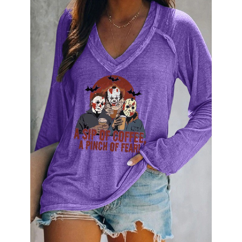 Popular European and American Style 3D Digital Print Black Cat Creative Cool and Stylish Versatile Fashion Women's V-Neck Long-Sleeve T-Shirt Popular European and American Style 3D Digital Print Black Cat Creative Cool and Stylish Versatile Fashion Women's V-Neck Long-Sleeve T-Shirt
