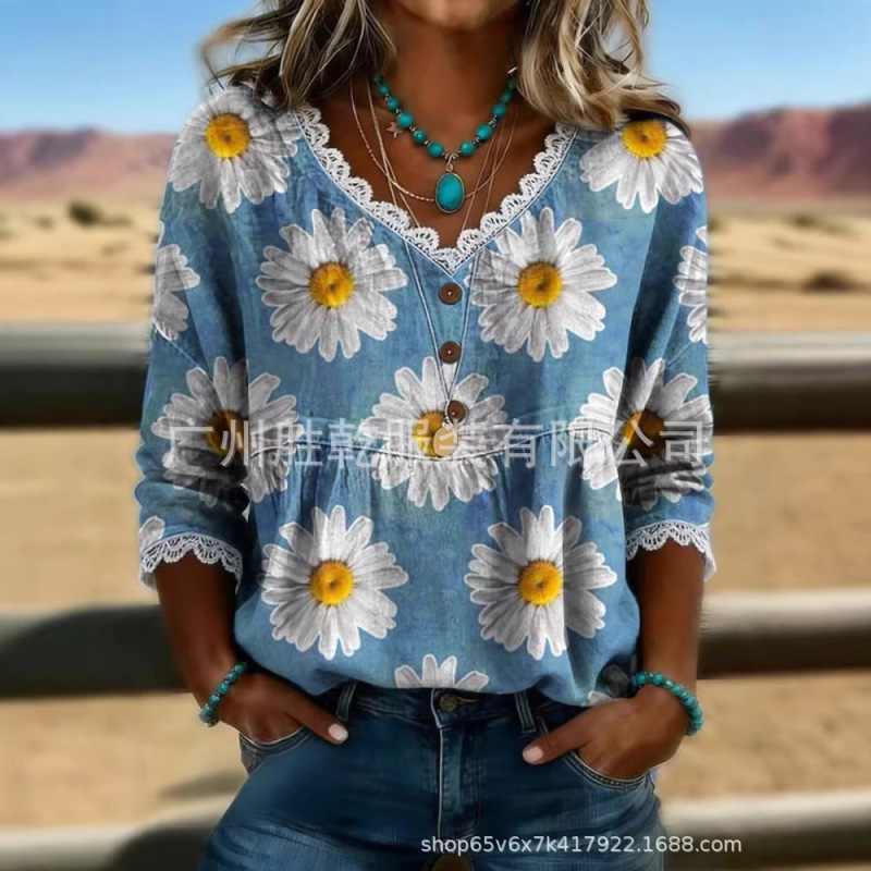 New Cross-Border Foreign Trade European and American Women's Clothing Hot-Selling Retro Floral Print Casual Loose V-Neck Lace-Up T-Shirt New Cross-Border Foreign Trade European and American Women's Clothing Hot-Selling Retro Floral Print Casual Loose V-Neck Lace-Up T-Shirt
