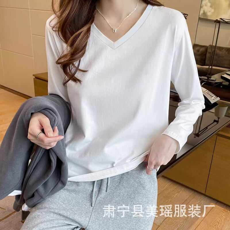 Women's V Neck Long-Sleeved Bottoming Shirt for Women in Spring & Fall with Slim Fishbone Design Niche Right Shoulder T-Shirt Long-Sleeved Short Shirt