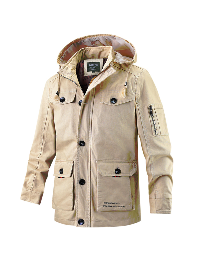 Suministro exclusivo transfronterizo de chaquetas para hombre, nuevo estilo de primavera y otoño, cuello alto, casual, capucha desmontable, talla grande, longitud media, tejido de algodón puro.