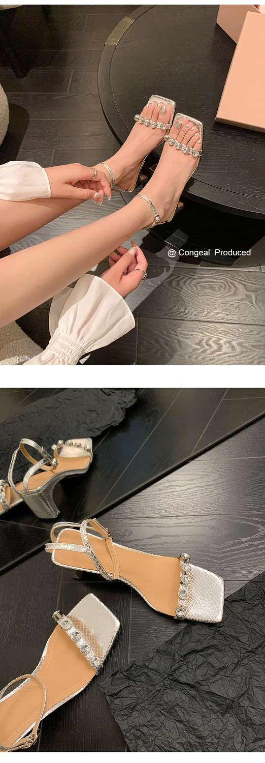 Sandal nữ quai ngang mũi vuông gót vuông đính đá rhinestone mùa hè 2025 — Màu đen, Màu trắng, Màu bạc chi tiết 9