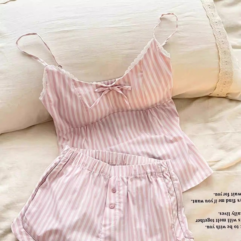 ピンクの甘い女の子ストライプリボンパジャマセット女性の夏胸パッドサスペンダートップショーツホーム服|undefined