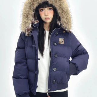KESOAK美式格纹复古风短款连帽棉服毛领可拆卸加厚修身保暖外套女