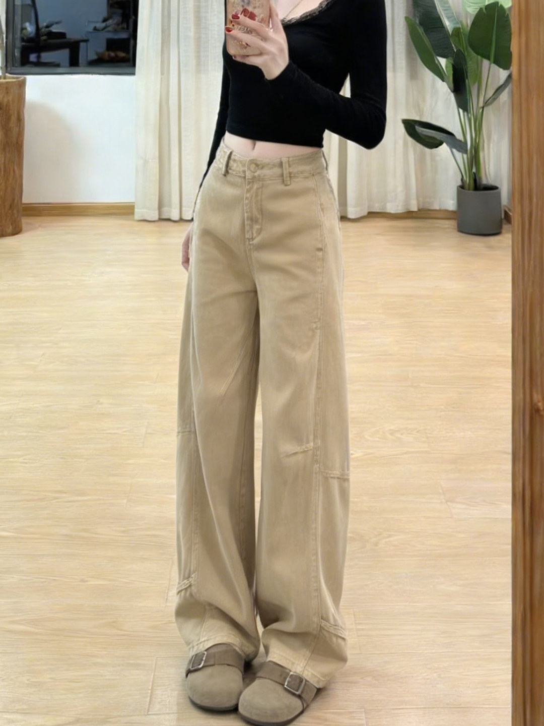 Quần jean kaki nữ ống rộng dáng suông kiểu Mỹ — màu kaki