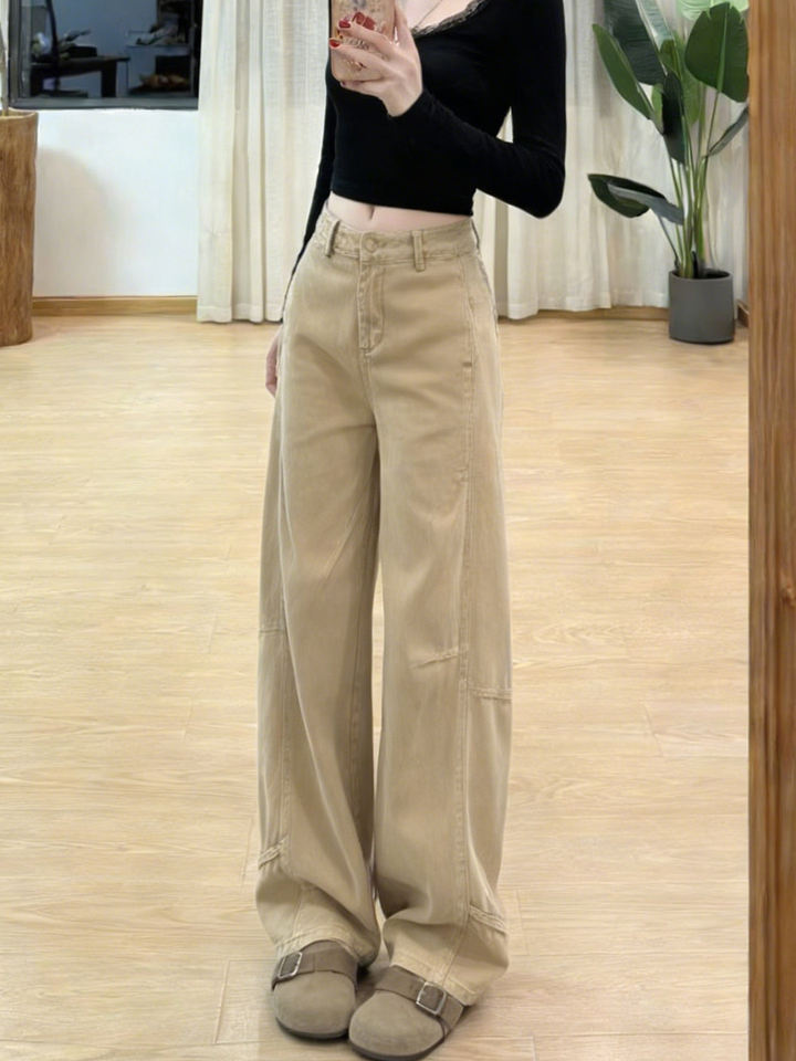 Quần jean nữ màu kaki ống rộng dáng suông cạp cao dài chấm đất — Màu kaki