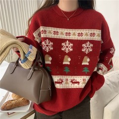 亚马逊秋冬2025圣诞新款拼接提花欧美跨境毛衣女圆领休闲宽松套头