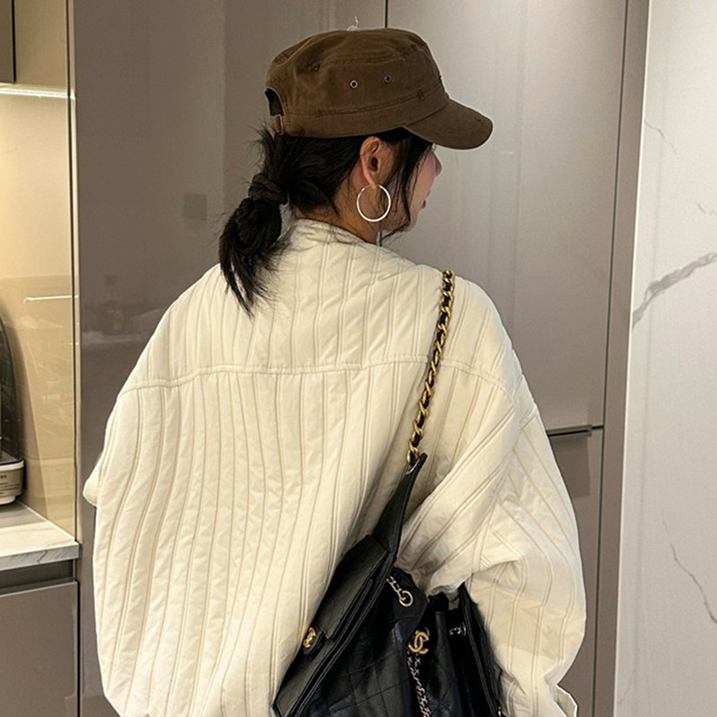 撞色拼接薄棉圆领开衫短外套女2025秋季新款宽松显瘦休闲夹克上衣|undefined