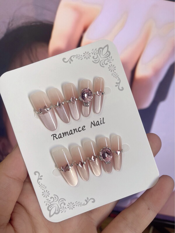 [Pink Lychee] Popular Handmade Wearable Nails, White Cat Eyes, Accessible Luxury Wholesale Nail Patches, Removable Nail Patches