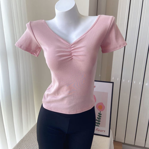 Dance Team Training Suit Ethnic Dance Wear Fitted V-Neck Pleated Yoga T-Shirt for Women Black Short Sleeve Underwear