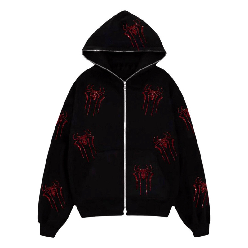 Spider rhinestone printed fashion brand same cardigan coat European and American loose zipper hoodie men's and women's sweater one-piece delivery Spider rhinestone printed fashion brand same cardigan coat European and American loose zipper hoodie men's and women's sweater one-piece delivery