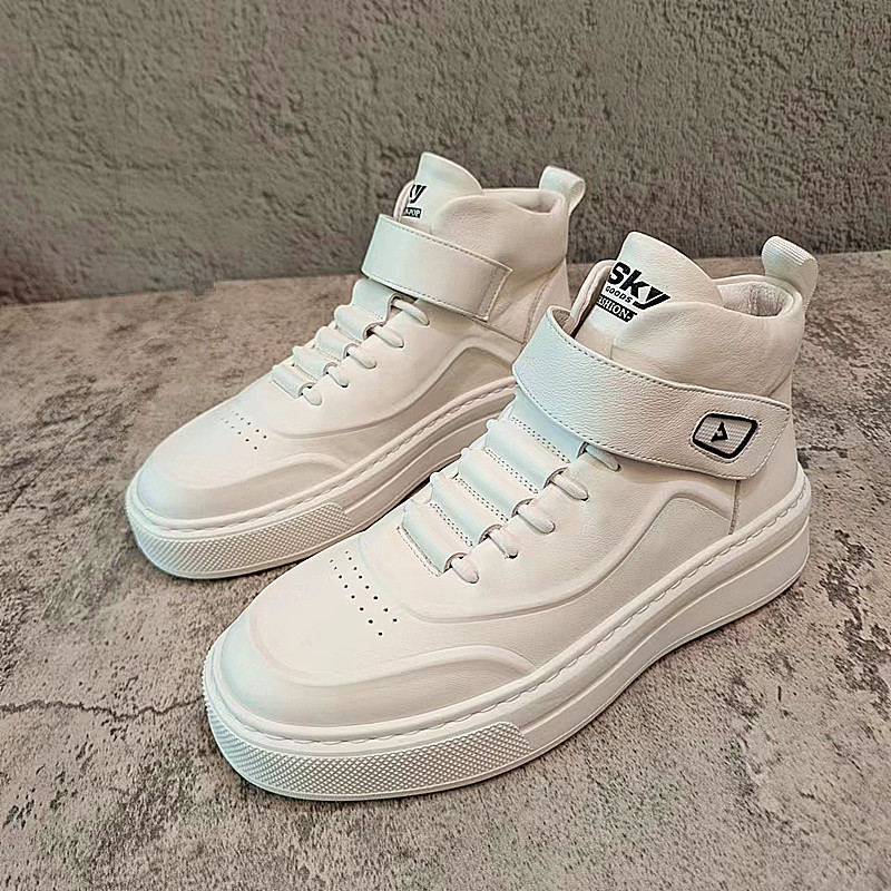 Men's white high-top boots men's fashionable shoes men's boots all-match white shoes genuine leather high-top shoes thick-soled casual shoes men