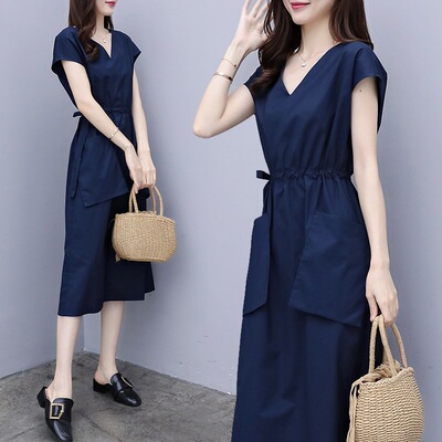 Women's navy high waist long dress women's Cotton linen breathable V-neck short sleeve skirt