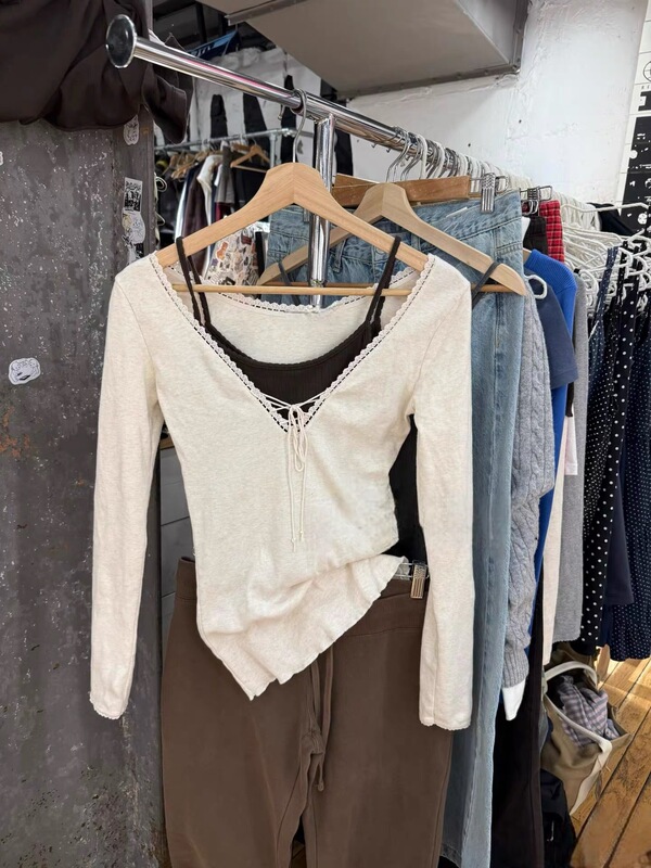 Bm Style New Lace Trim V-Neck Tie Long-Sleeve T-Shirt for Women, Bm Spicy Girl Slim-Fit Slimming Base Shirt Top