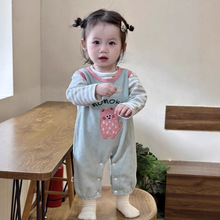 女宝宝套装秋季新款韩版婴儿洋气超萌条纹T恤背带连体裤秋装2件套