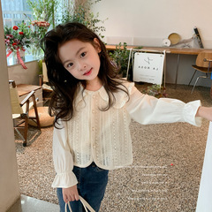 女童2024春裝新款荷葉邊假兩件娃娃領襯衫兒童設計感小眾洋氣上衣