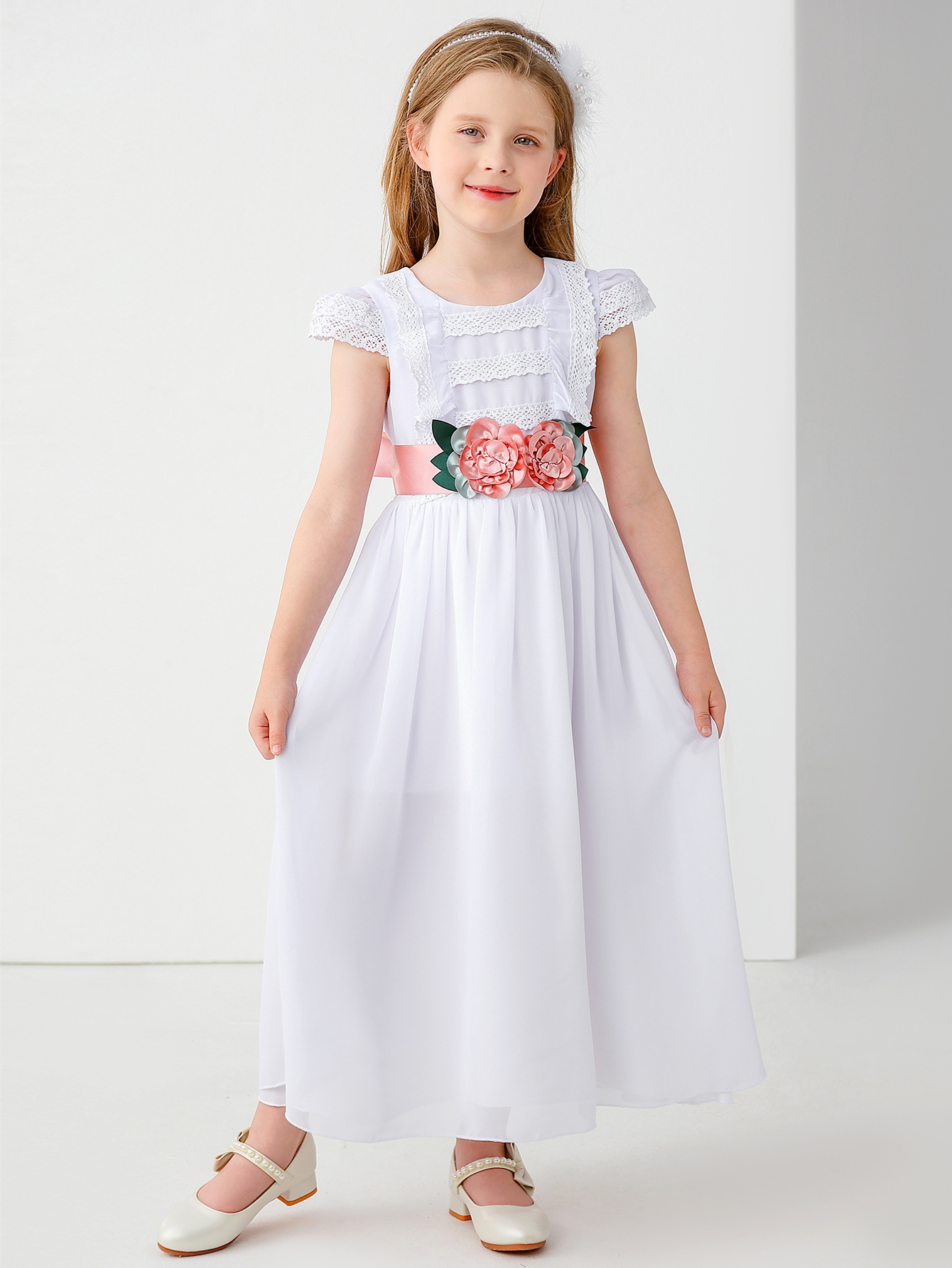 Vestido de novia para niños comercio exterior transfronterizo europeo y americano niña de las flores lazo encaje niña espectáculo princesa vestido vestido largo