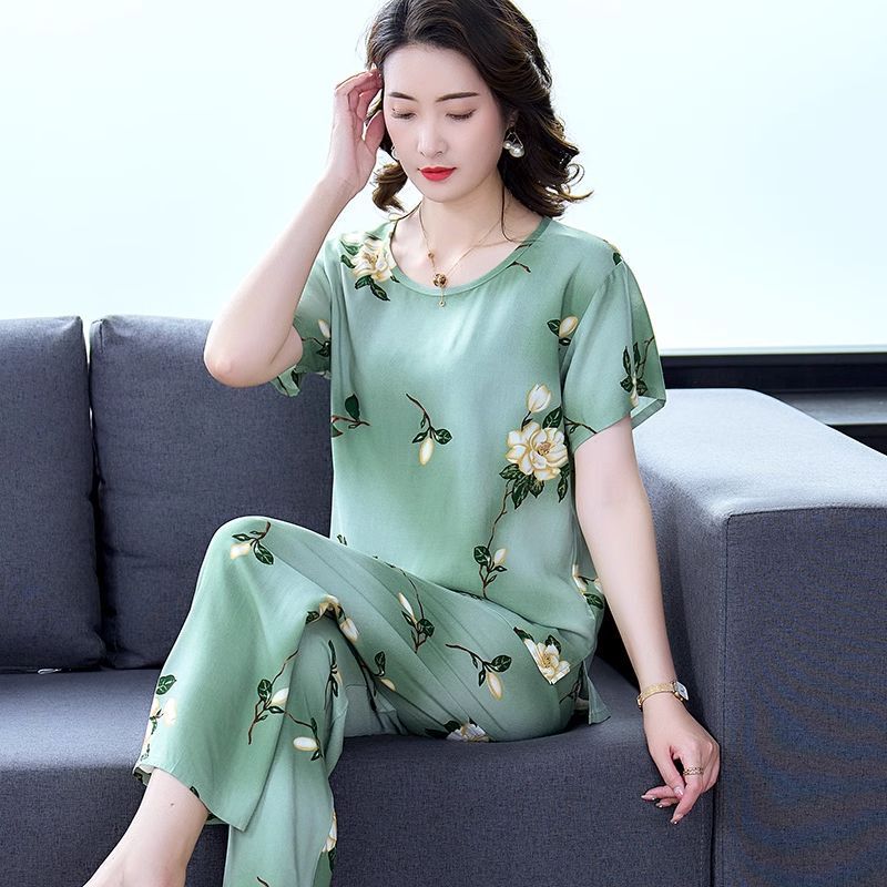 New Style Artificial Cotton Short-Sleeve Cropped Pants Cotton Silk Women's Pajamas Two-Piece Set Elegant Loungewear Shorts New Style Artificial Cotton Short-Sleeve Cropped Pants Cotton Silk Women's Pajamas Two-Piece Set Elegant Loungewear Shorts