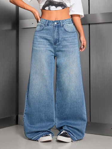 New European and American style simple fashion all-matching high street retro solid color wide-leg jeans for women