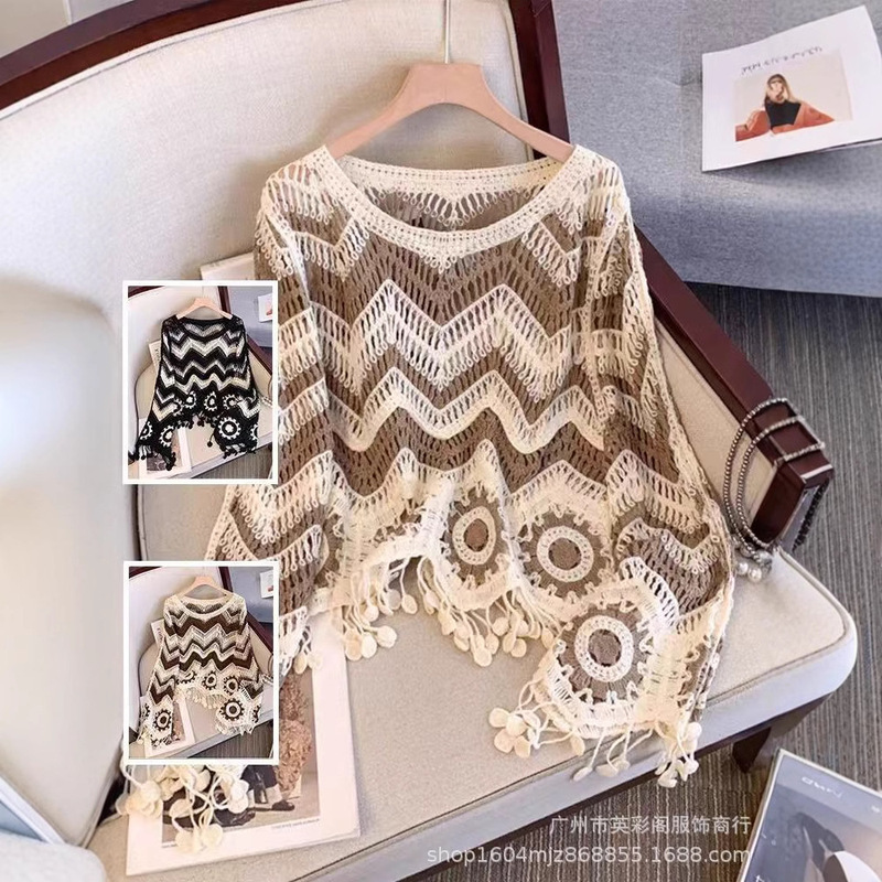 Korean Style All-match Outer Wear Pullover Blouse Women's Gentle Style Heavy Industry Hollow Crochet Slim Look Age-reducing Knitted Tassel Top