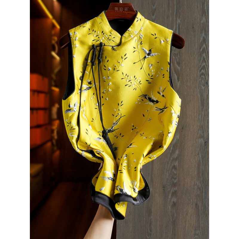 Amarillo SEDA-como brocado chaleco primavera de las Mujeres Nuevo diseño original retro bordado estilo chino hebilla superior
