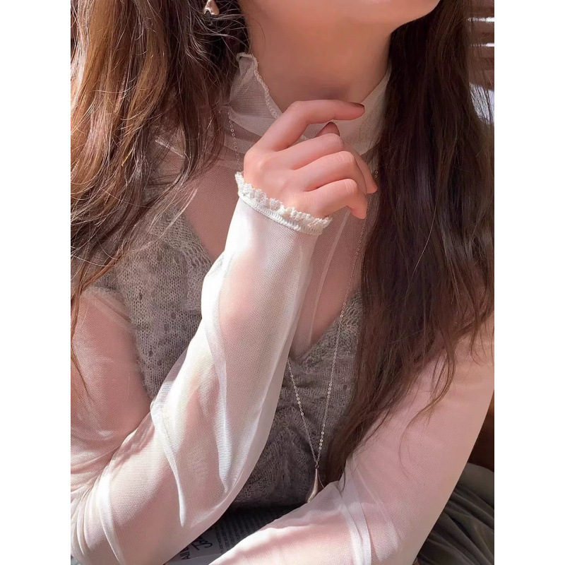3 Colors for Autumn and Winter, Sweet Girly Discreet Cuffs, Lace Small High Collar, Mesh Long-Sleeved T-Shirt Bottoming Shirt