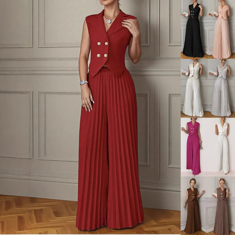 2025 European and American Clothing Cross-Border New Fashion Fashion Vest Vest Pleated Culottes Two-Piece Pants Suit for Women