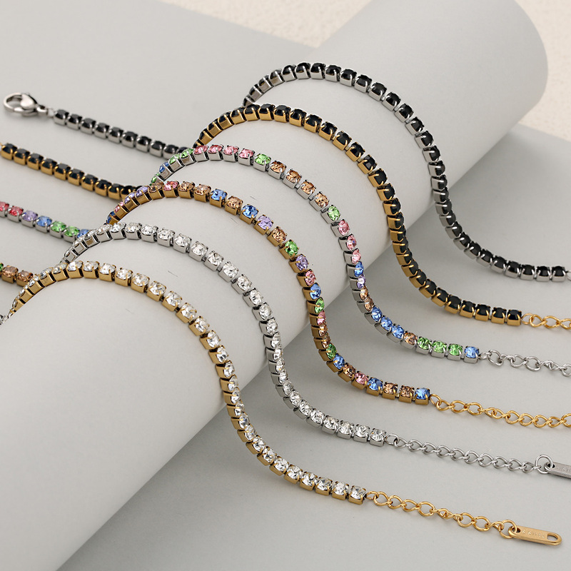 Cross-Border European and American Ins Style 3mm Single Row Inlaid with Full Diamonds and Colored Diamonds Fashionable Accessible Luxury High-End Stainless Steel Mesh Claw Chain Bracelet