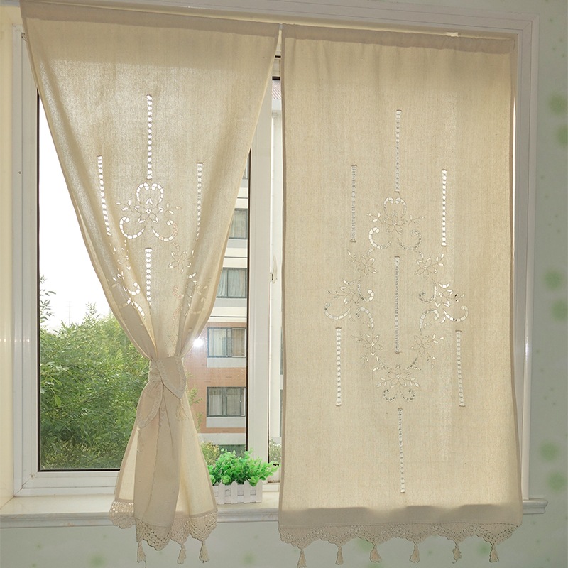 Factory wholesale foreign trade solid color simple small curtain kitchen bathroom porch partition curtain handmade hollow Silk
