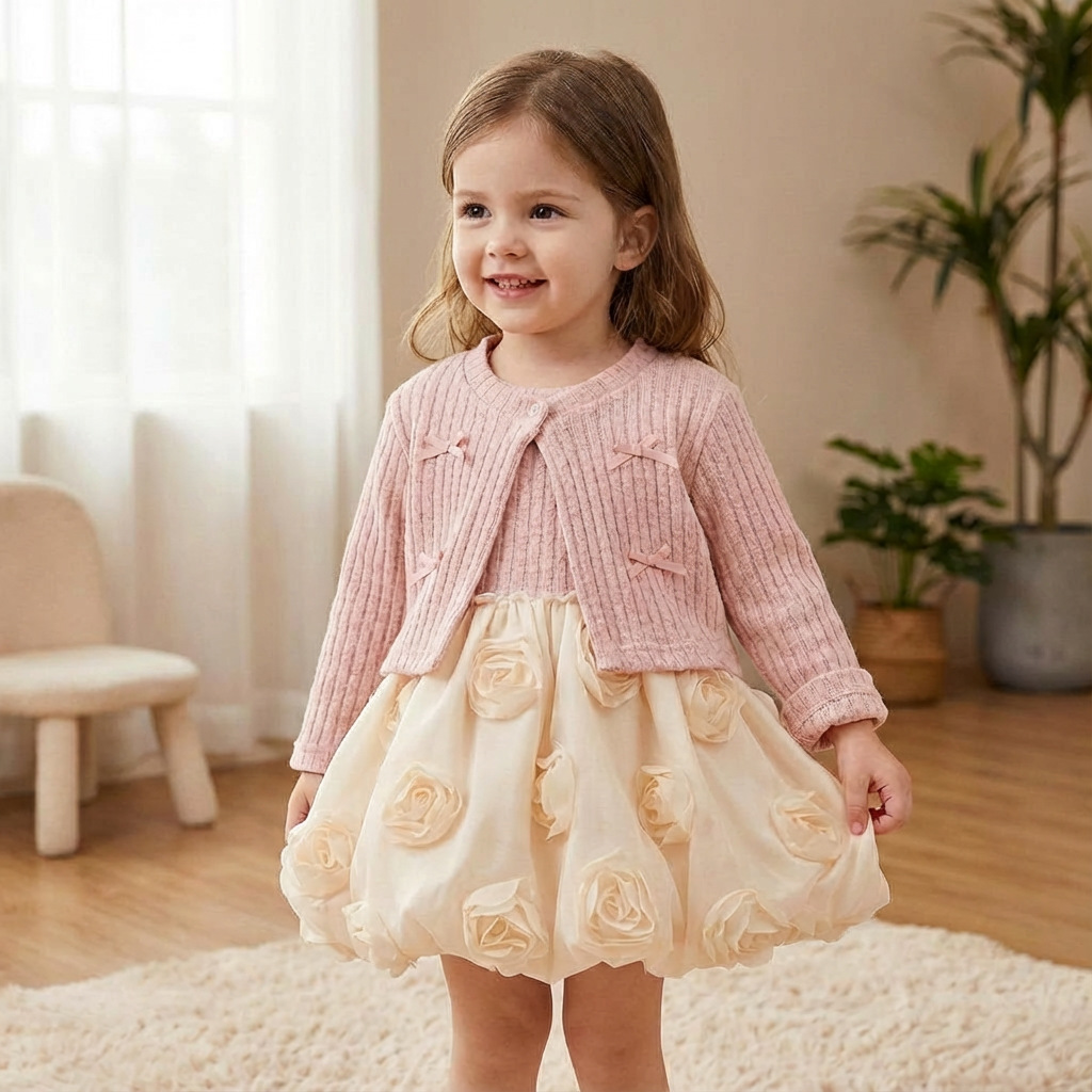 Girls Baby Korean Style Autum Outwear Pure Color Cardigan Kidsren's One-Year-Old Dress Princess Dress Fashionable Autum Dress