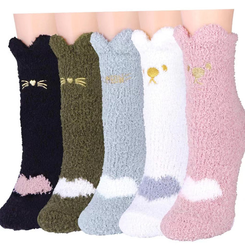 Slippers Socks Women's Coral Fleece Socks Fluffy Warm Socks Card Thickened Sleeping Plush Socks Cat Claw Cross-Border Amazon