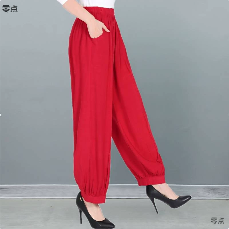 Весенне-летние женские брюки большого размера, свободные высококачественные хлопковые шелковые шаровары, повседневные брюки для квадратных танцев в этническом стиле для верхней одежды