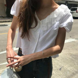 现货 2025夏季新款韩国东大门tan*at甜美V领蕾丝单排扣短袖衬衫女