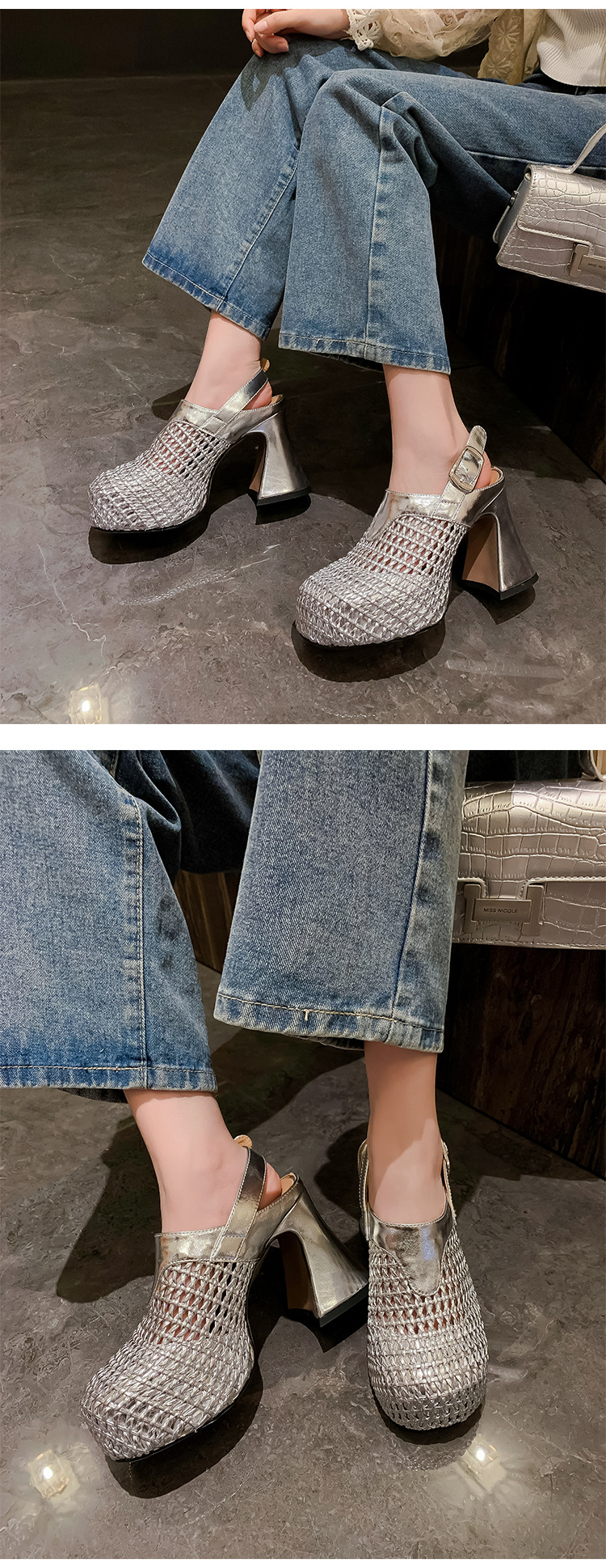 Sandal cao gót nữ đế xuồng platform dệt kim vàng, gót 10 cm, phong cách La Mã — Màu đen, Màu vàng, Màu bạc chi tiết 17