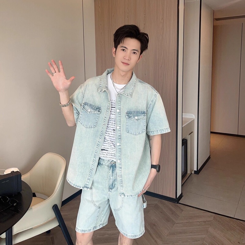 Northern Territory Wolf Summer American Retro Workwear Short-Sleeve Shirt Denim Set Men's Designer Denim Jacket and Shorts Northern Territory Wolf Summer American Retro Workwear Short-Sleeve Shirt Denim Set Men's Designer Denim Jacket and Shorts