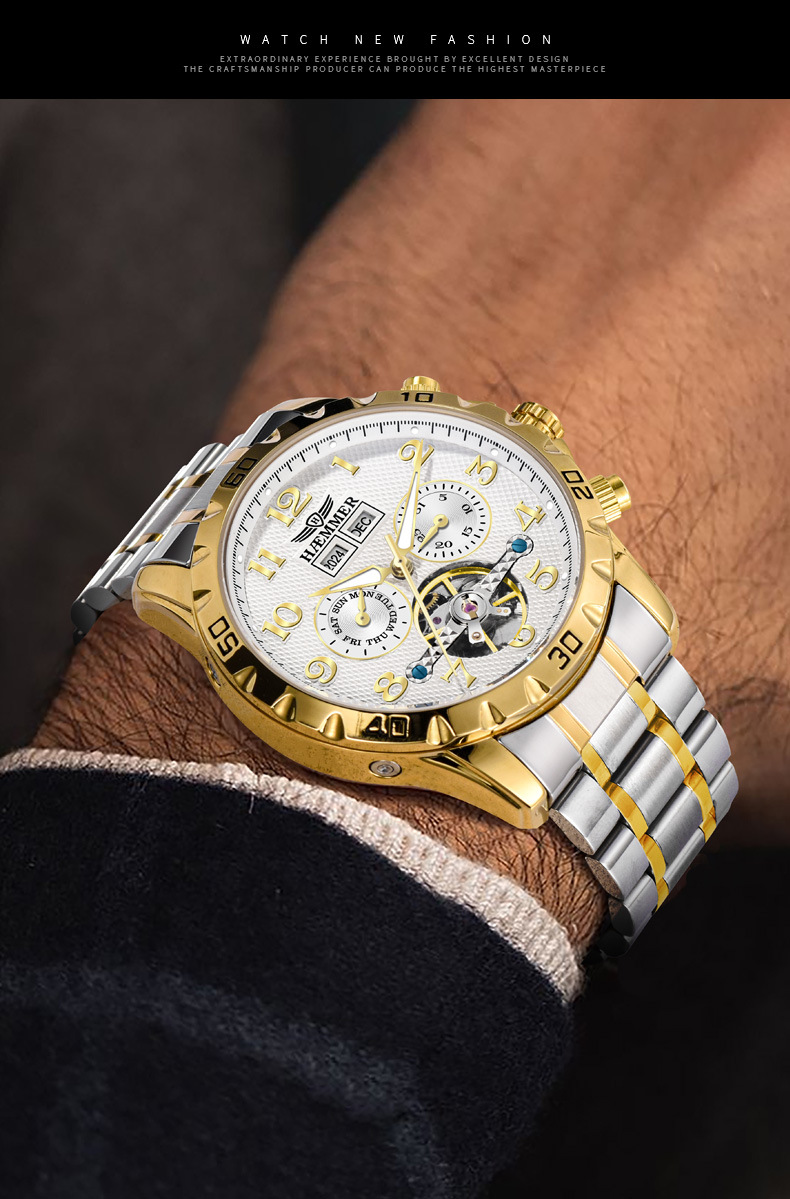 Đồng hồ nam automatic lộ máy dây thép — Dải thép đen, Dải thép trắng chi tiết 8