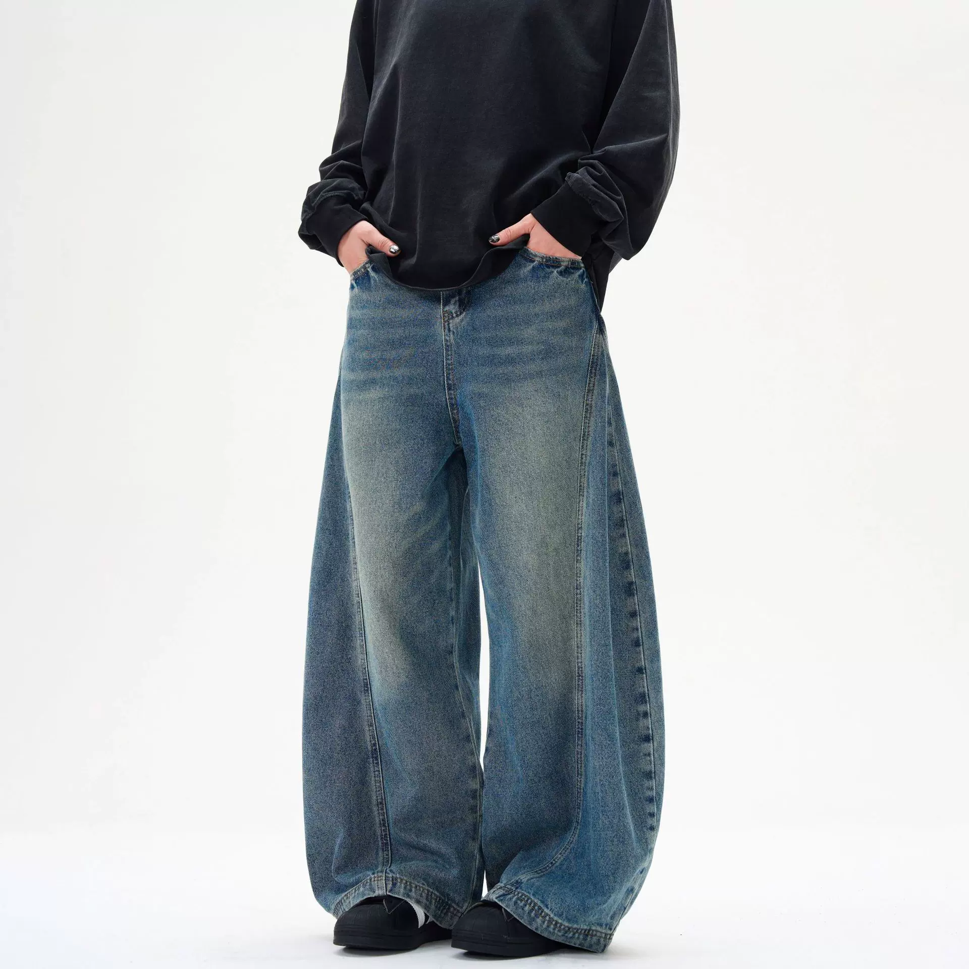 水洗牛仔裤男直筒宽松弯刀阔腿美式高街裤子潮牌痞帅香蕉镰刀长裤