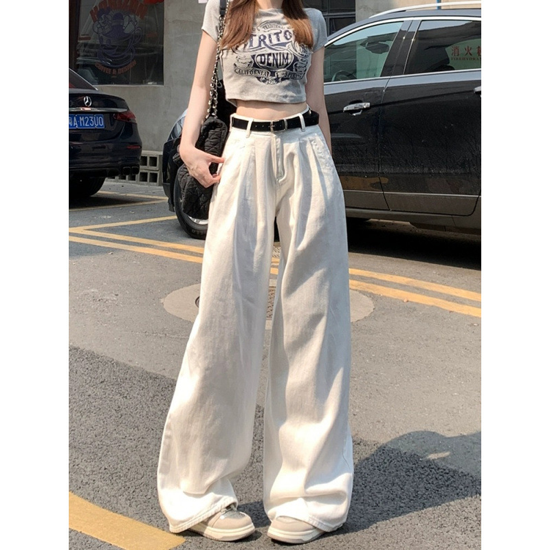 美式白色阔腿牛仔裤女2025高腰显瘦宽松褶皱慵懒垂感直筒裤子春秋|undefined