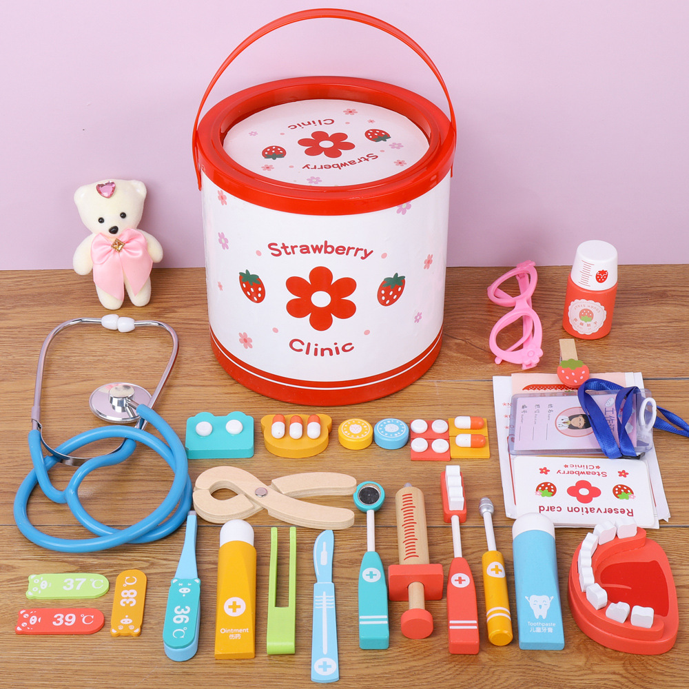 New Children's Wooden Barrel Small Doctor Toy Simulation Play-house Injection Dentist Role-playing Puzzle Game