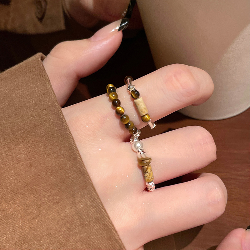 Tiger Eye Fragment Silver Stone Beaded Ethnic Style Elegant Index Finger Niche Design Sense Ring_voghion.com