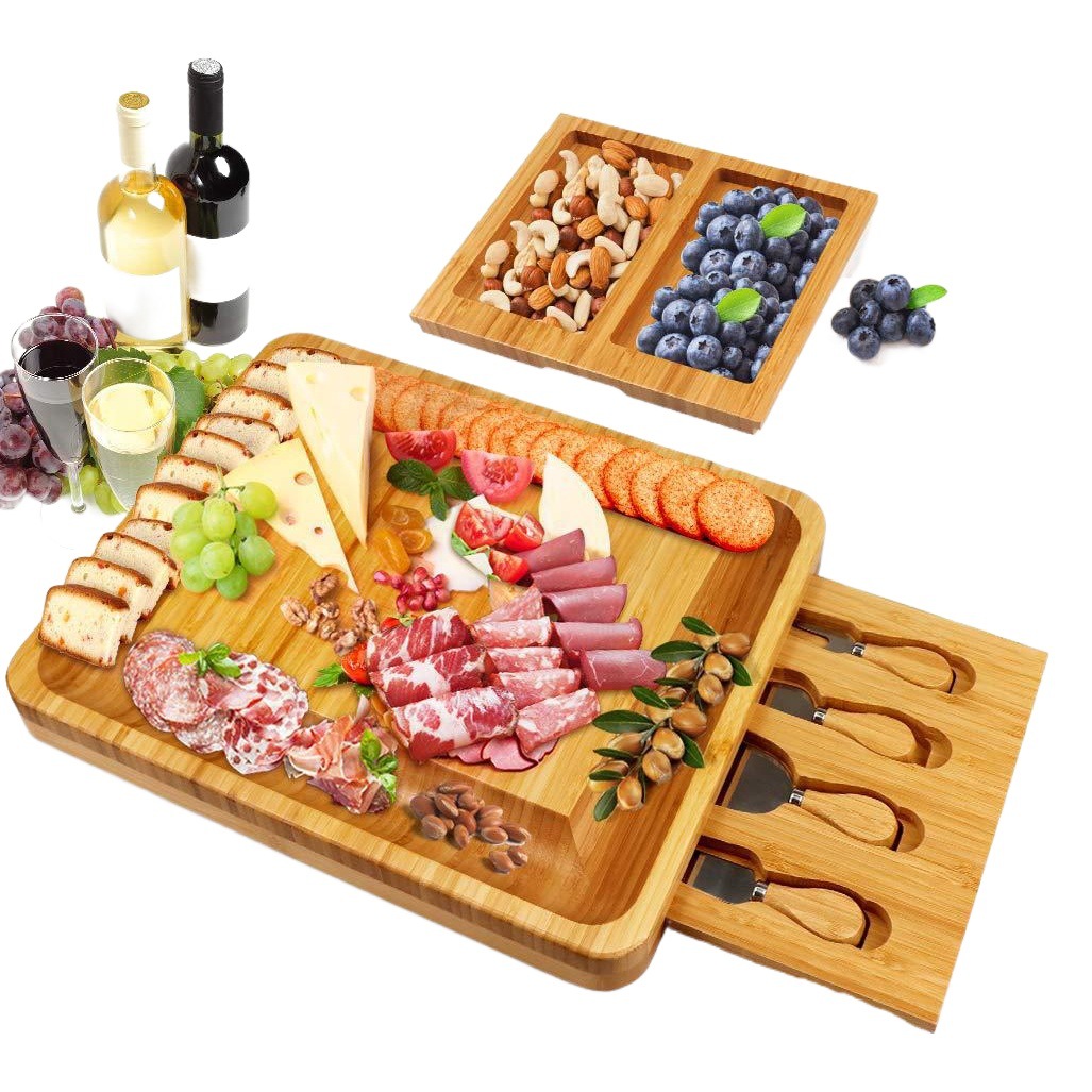 Tabla de quesos de bambú de doble cajón para venta al por mayor transfronteriza con juego de cuchillos, juego de tabla de quesos de madera de cuatro piezas, estilo lujo ligero.