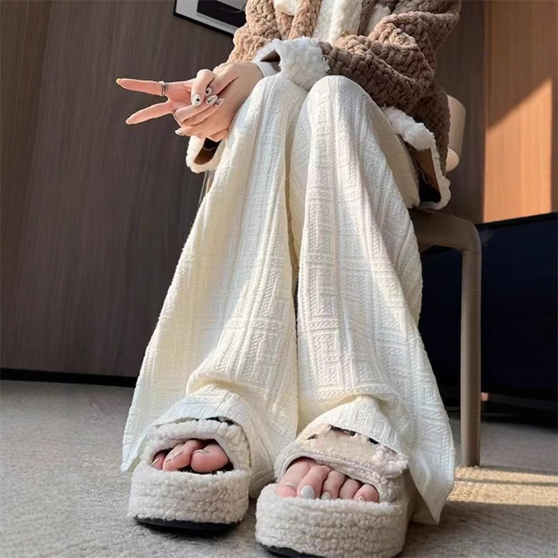 跨境针织提花软糯休闲裤女秋冬季新款高腰显瘦慵懒风宽松阔腿裤女