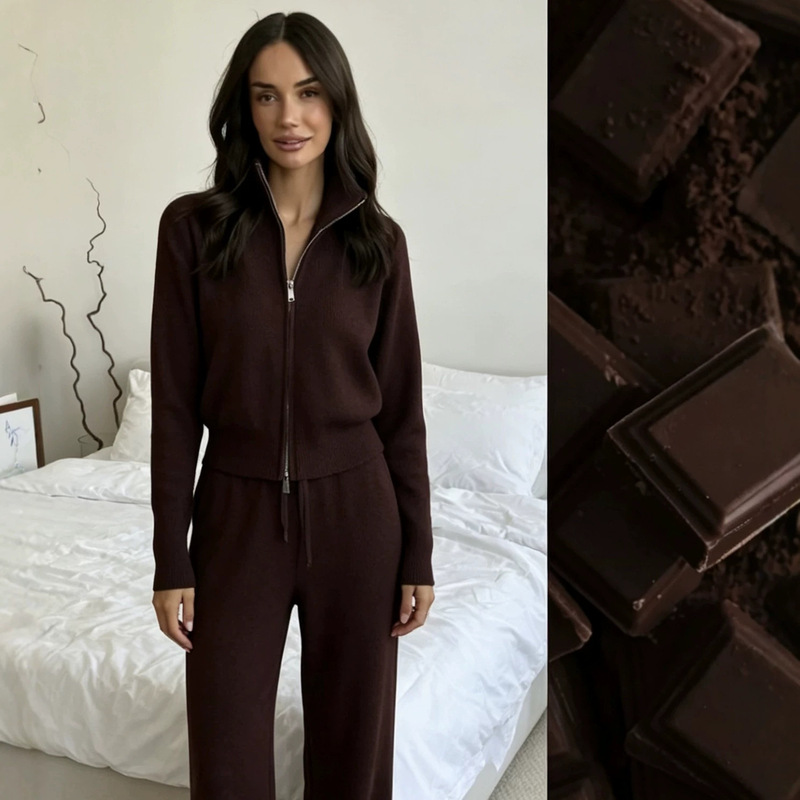 European and American Cross-Border New Solid Color Casual Double Zipper Design Long-Sleeved Knitted Cardigan Wide-Leg Pants Two-Piece Set for Women